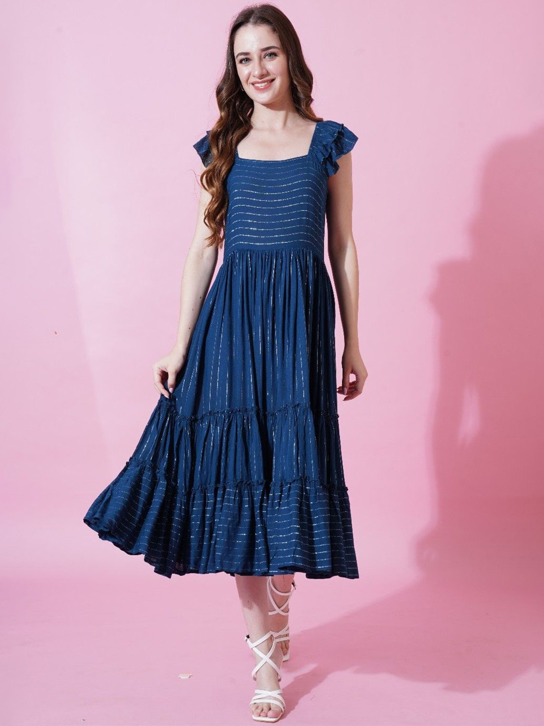 TextileNow Striped Layered Fit & Flare Midi Dress