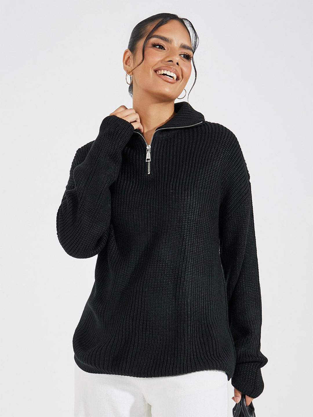 Styli Women Self Design Chucky Rib High Neck Half Zipper Oversized Pullover Sweater