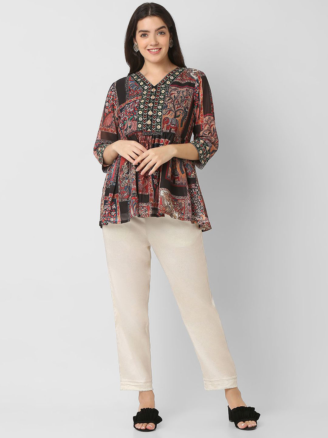 Ethnicity Floral Printed V-Neck Thread Work Empire A-Line Kurti