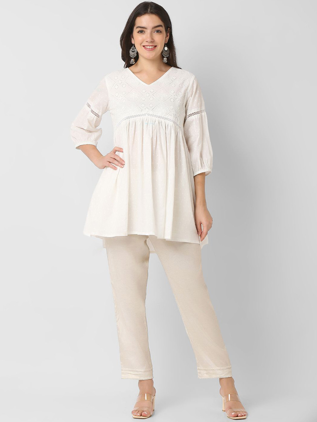 Ethnicity Geometric Embroidered V-Neck Pure Cotton A-Line Empire Kurti