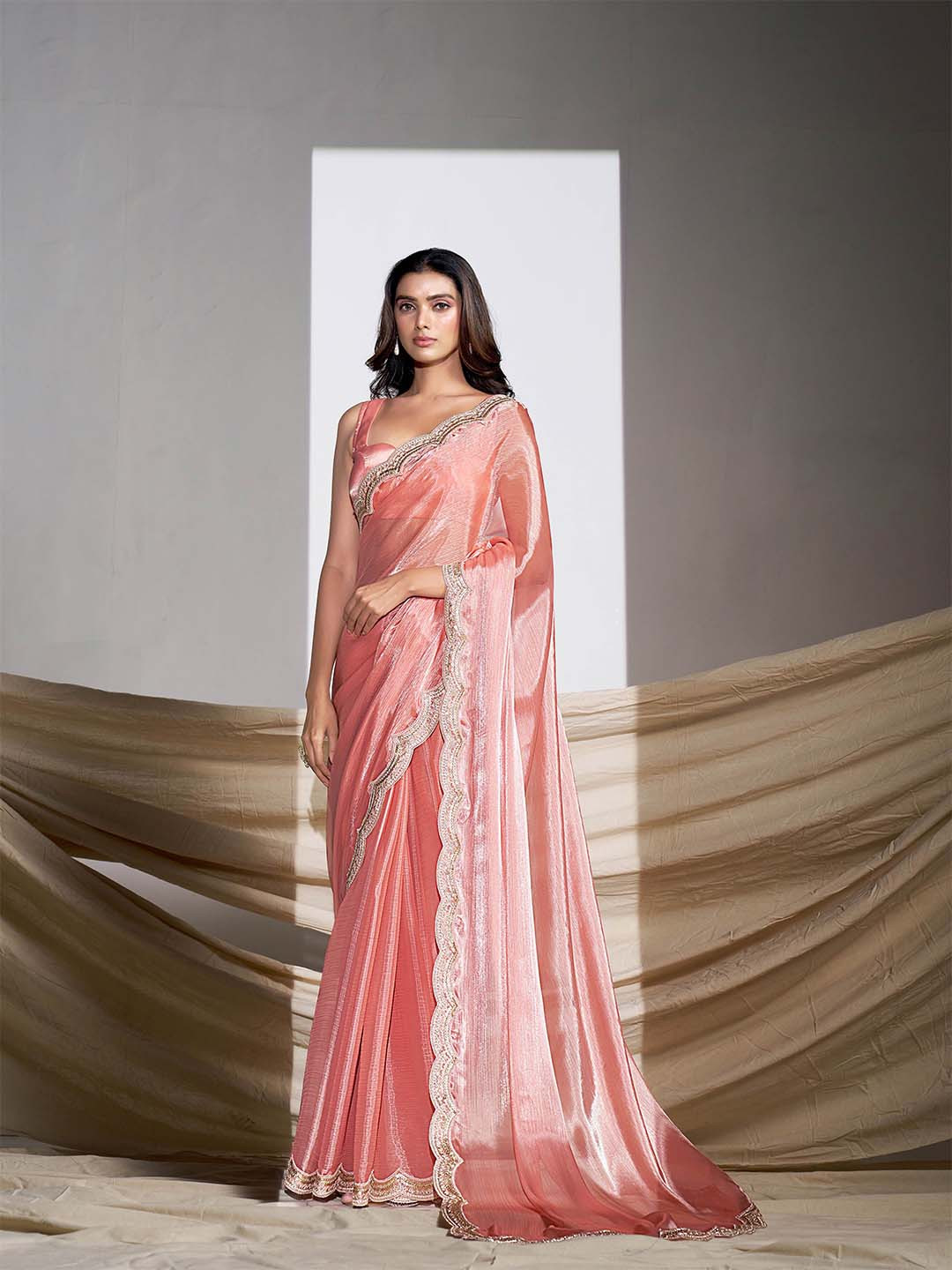 TANNAH Sequinned Silk Blend Solid Saree With Blouse Piece