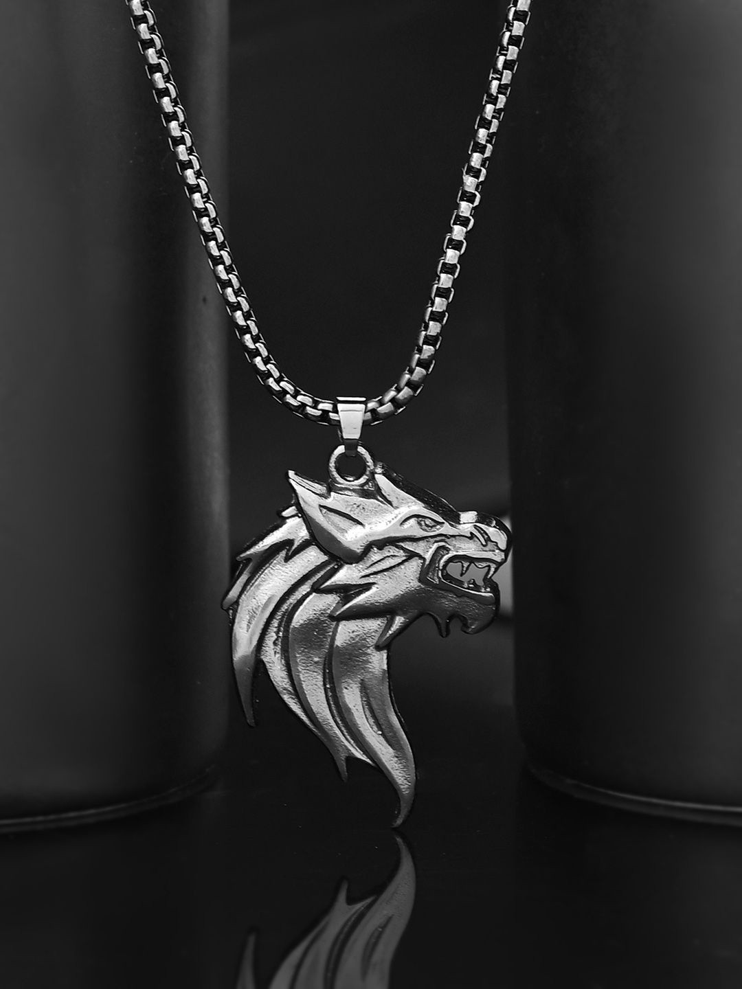 Voylla Men Rhodium Plated Dragon Pendant With Chain