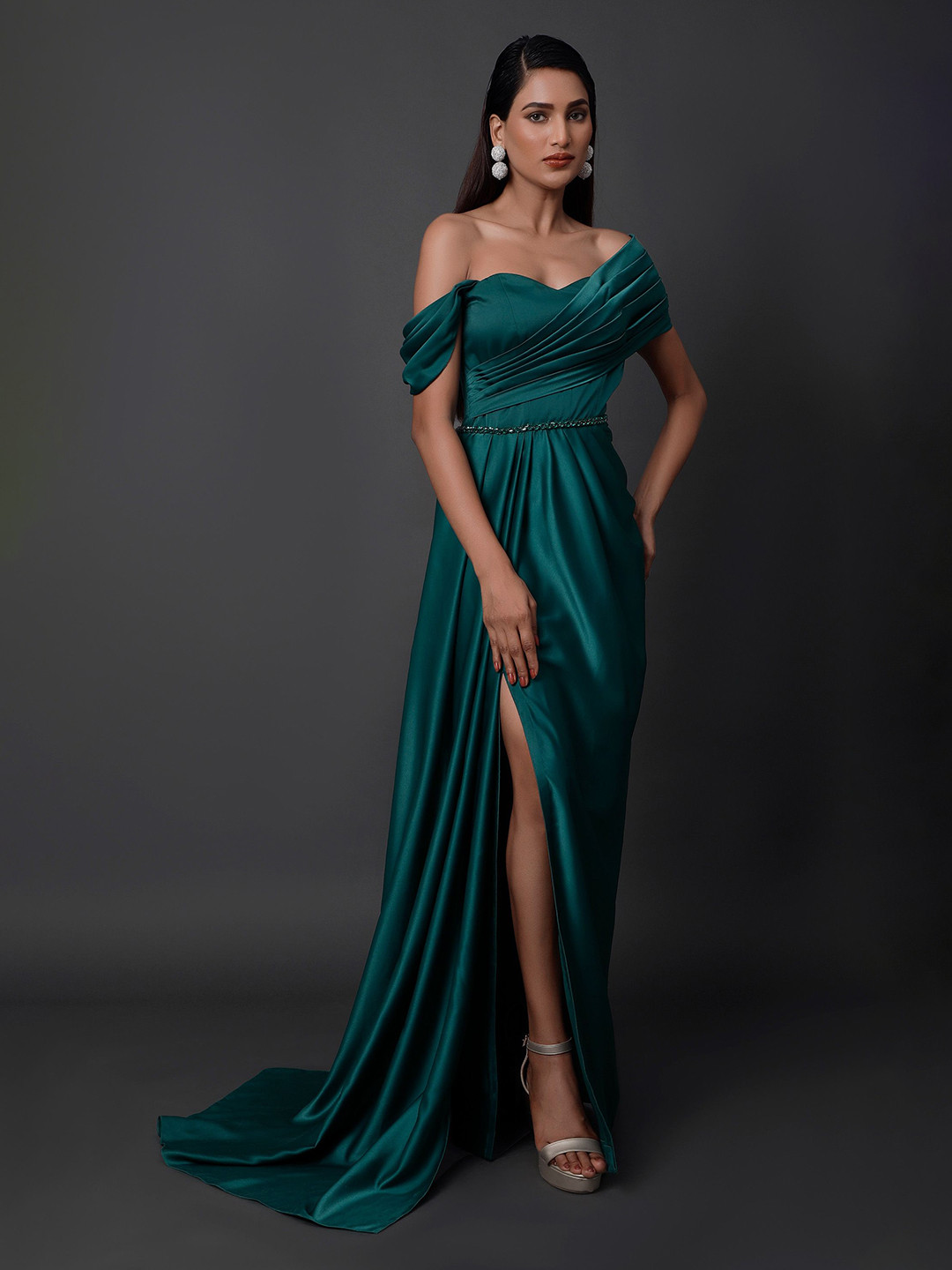 Pooja Peshoria Satin Draped Thigh slit Maxi Dress