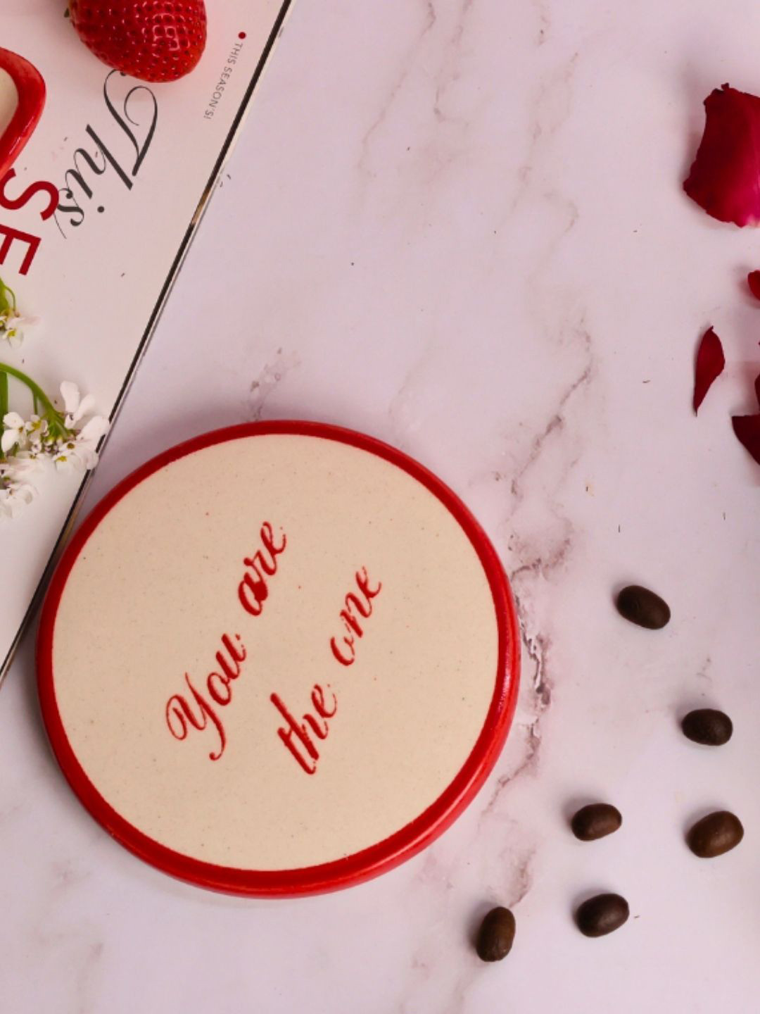 WEAVING HOMES Red & White Printed Ceramic Coaster