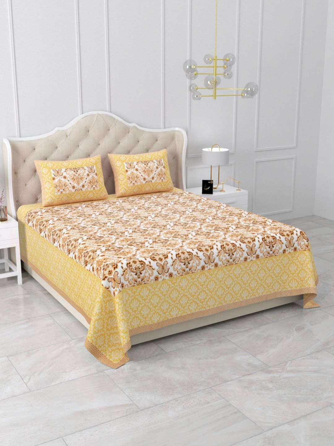 Qfab Jaipuri Yellow Ethnic Motifs Cotton 144 TC Queen Bedsheet with 2 Pillow Covers-226 x 259 cm