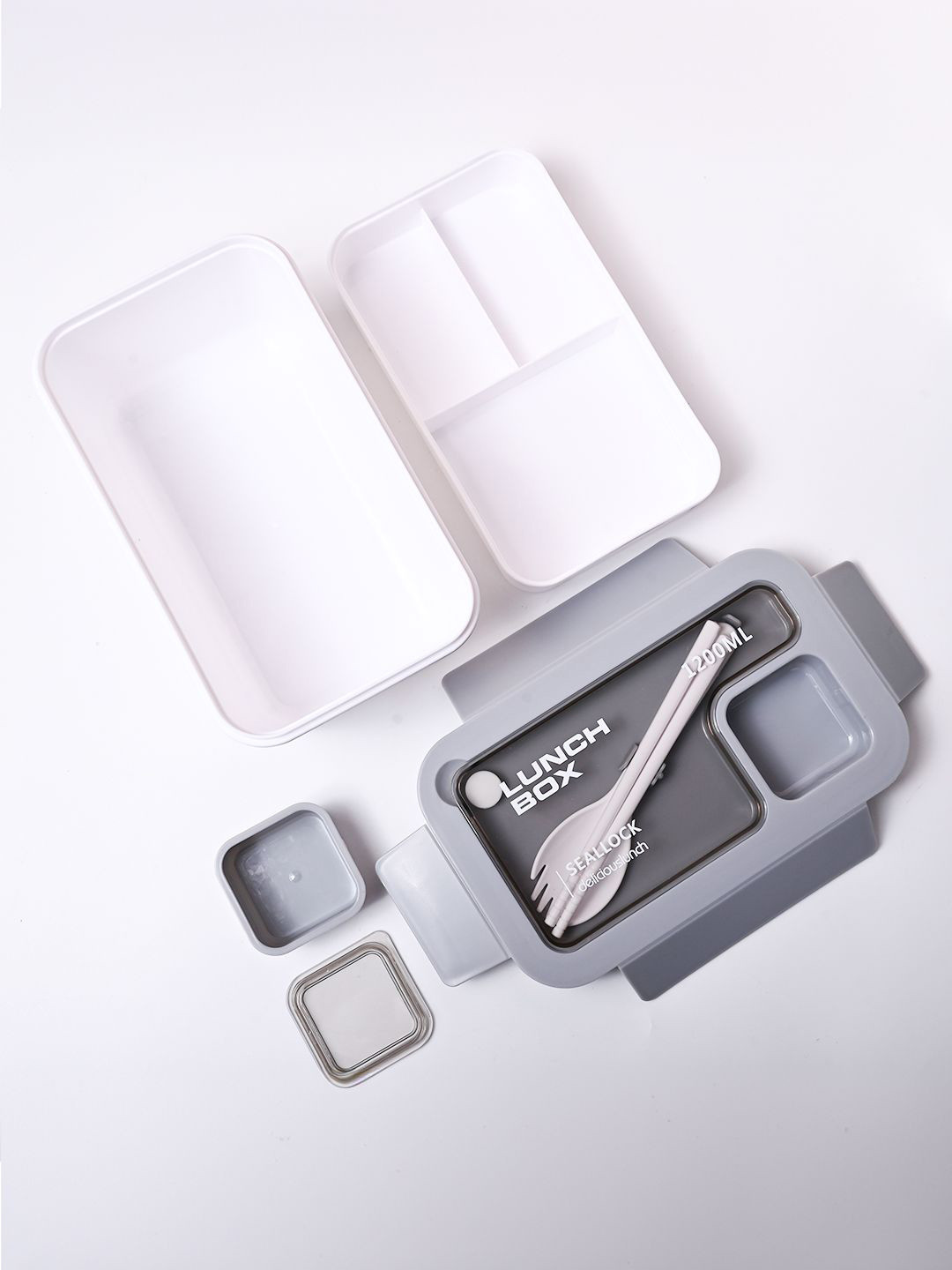 MARKET99 Grey Solid Plastic Easy to Clean 2PCs Lunch Box With Spoon and Fork
