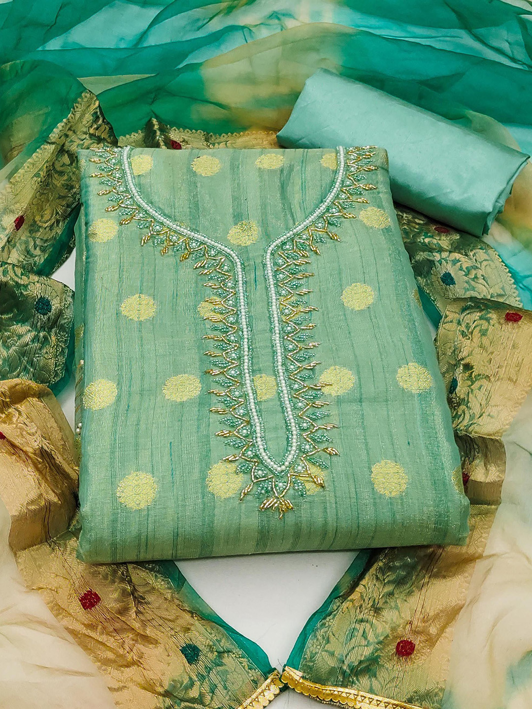 Ishin Sea Green & Yellow Woven Design Unstitched Dress Material