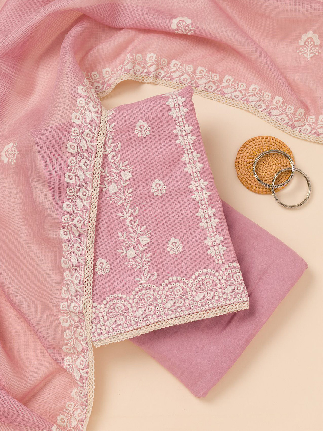 Koskii Women Floral Embroidered Thread Work Unstitched Dress Material