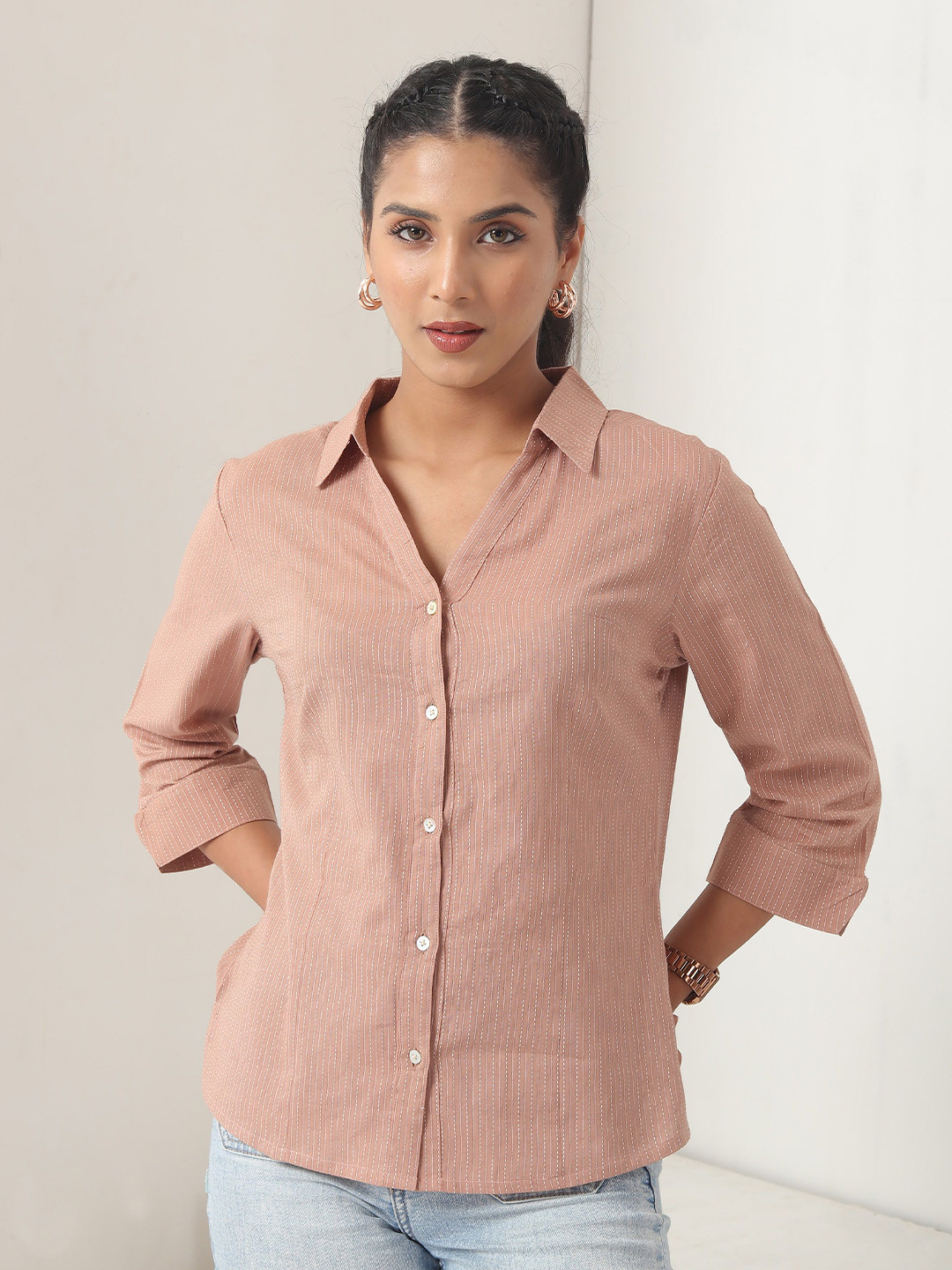 BOONS n PERKKS Women Standard Spread Collar Vertical Striped Cotton Casual Shirt