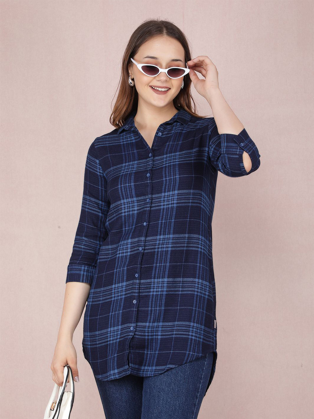 Crimsoune Club Women Smart Spread Collar Tartan Checked Cotton Slim Fit Casual Shirt
