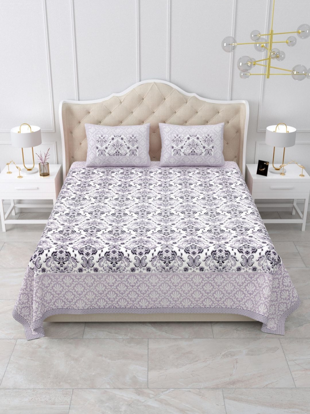 Qfab Jaipuri Purple Ethnic Motifs Cotton 144 TC Queen Bedsheet with 2 Pillow Covers-89 x 141 inches