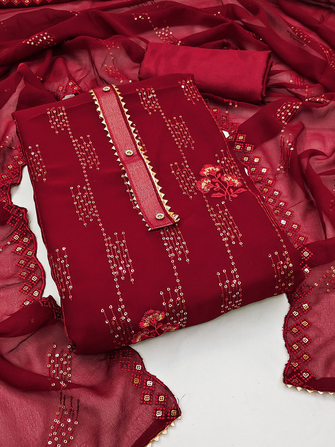 Ishin Red Floral Embroidered Silk Georgette Unstitched Dress Material
