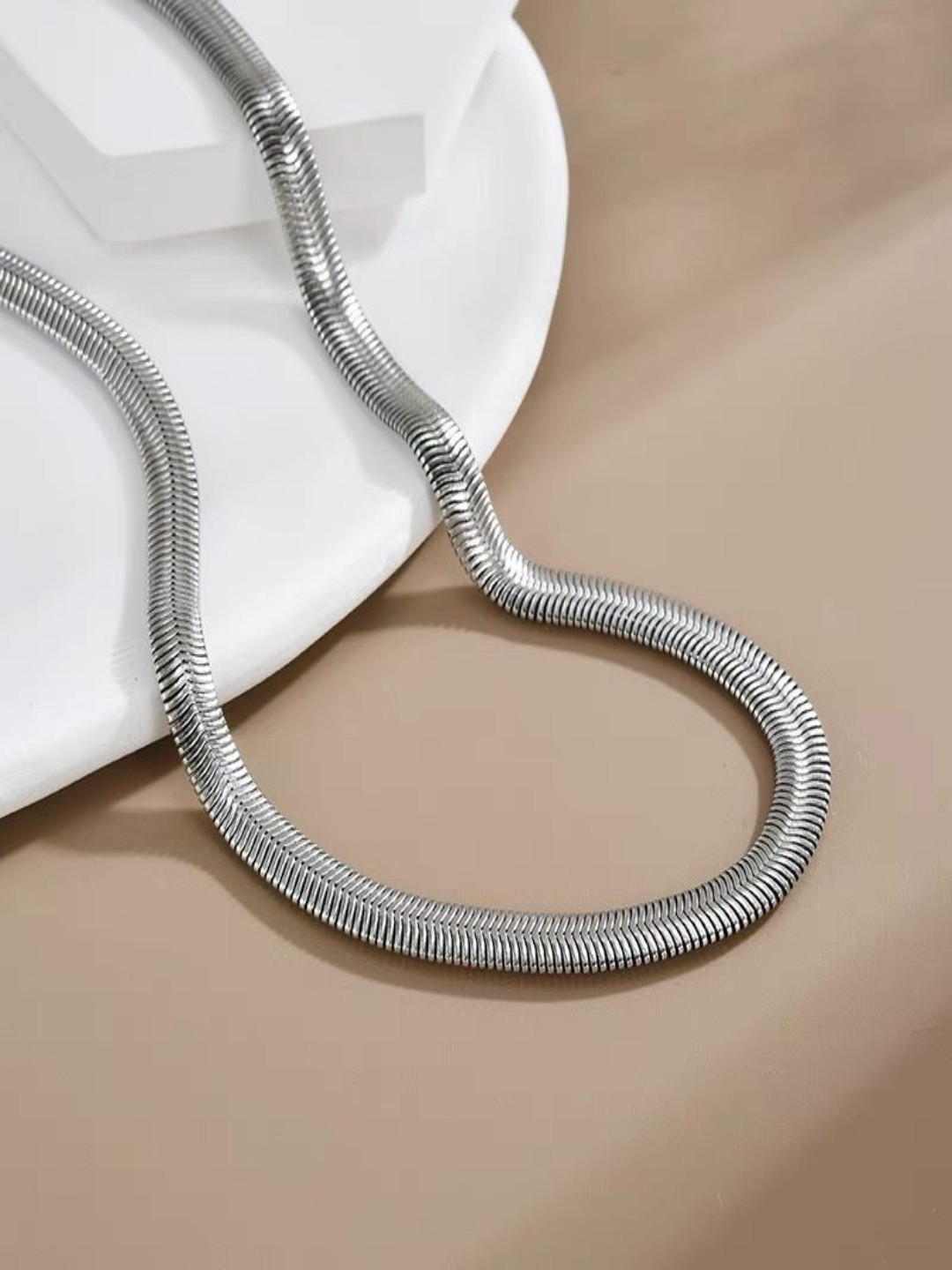 AQUASTREET Silver Plated Stainless Steel Antitarnish 5mm Flat Snake Chain Necklace