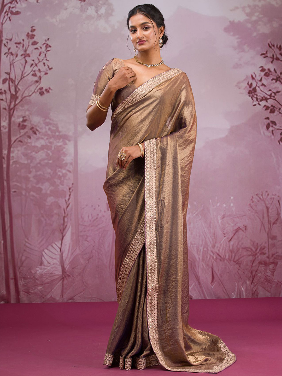 Koskii Embroidered Border Solid Saree With Blouse Piece