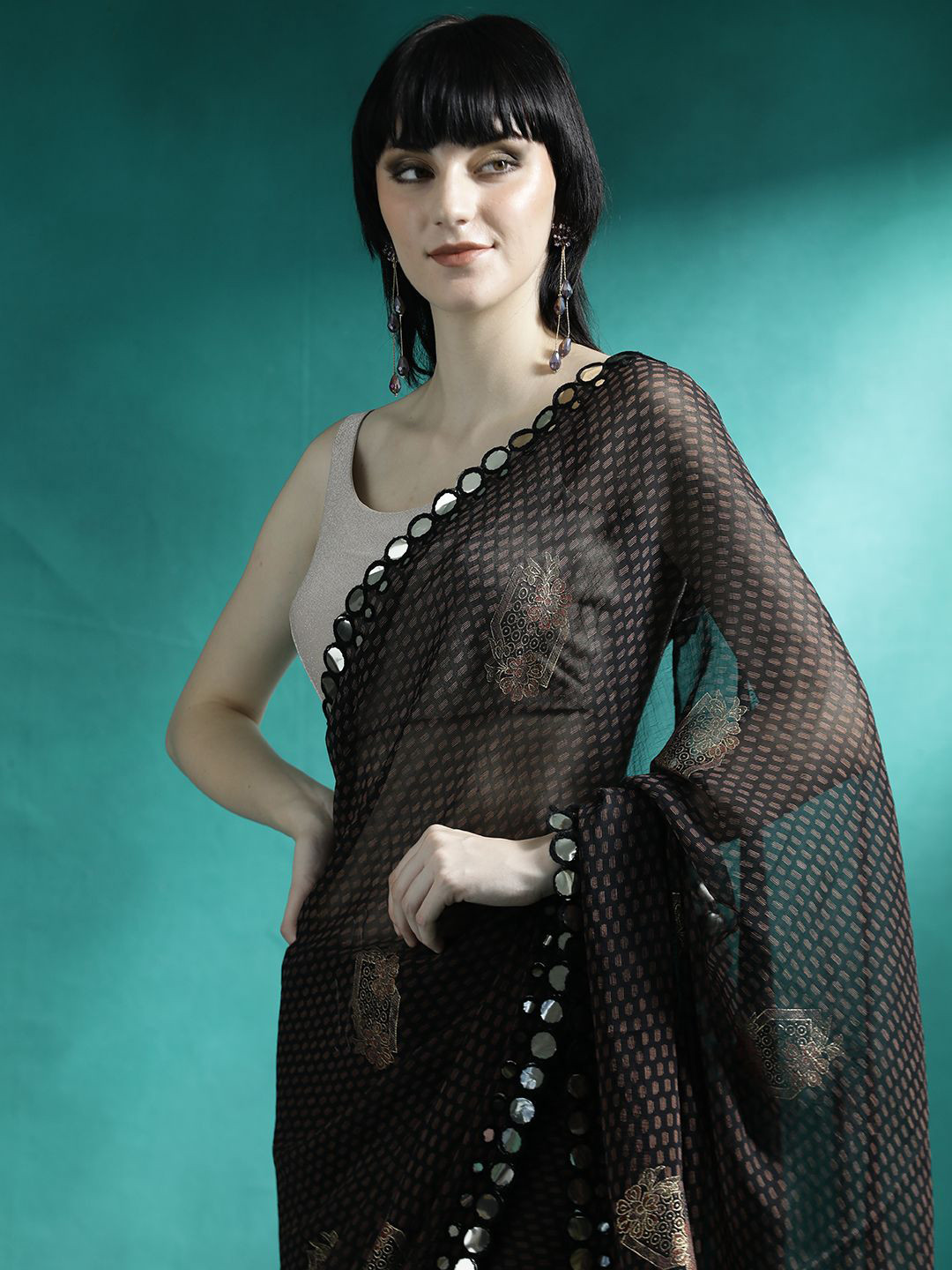 Sangria Mirror Work Ethnic Motifs Printed Designer Saree With Blouse Piece