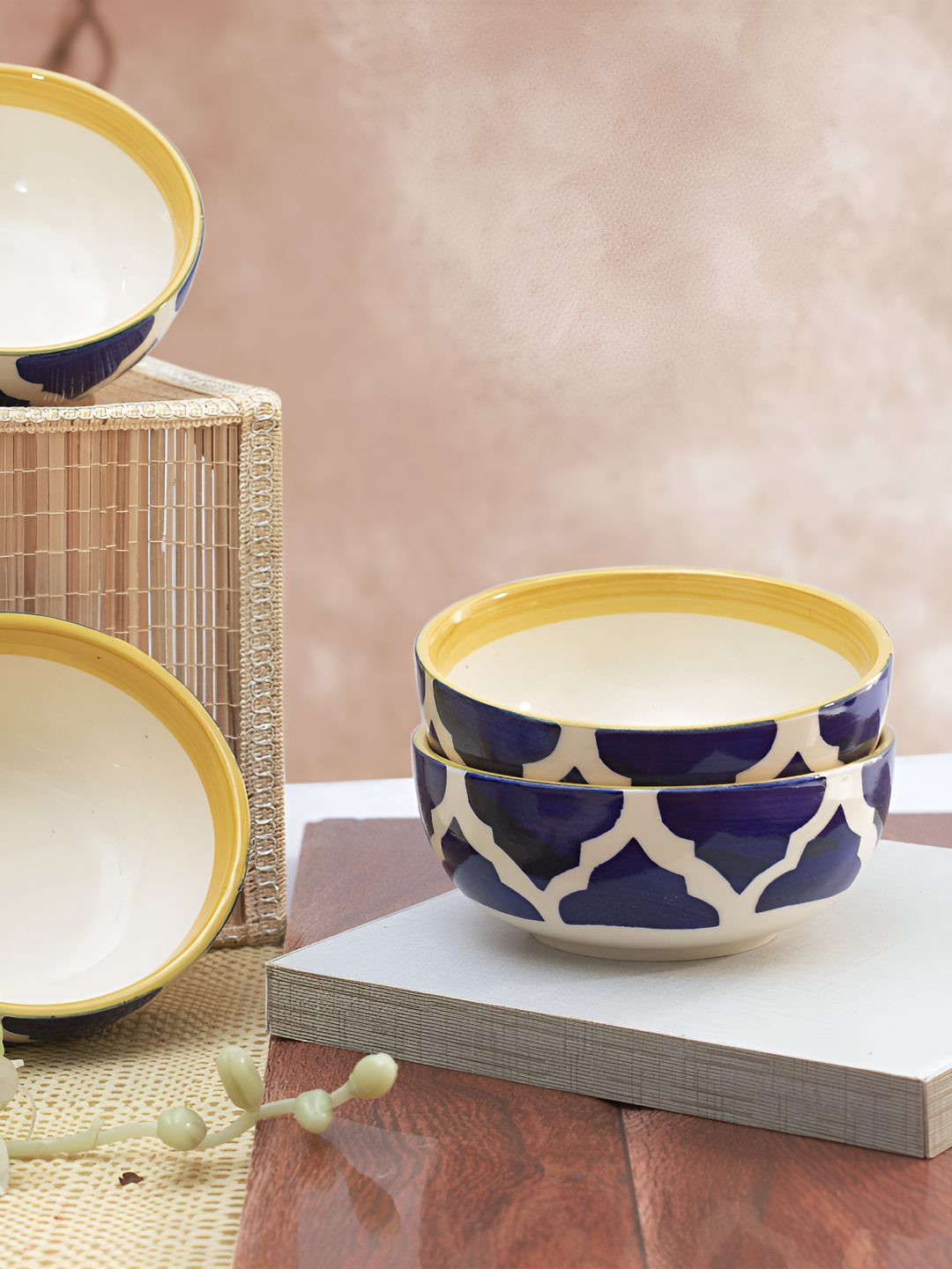 Lupaava Blue & White 4 Pieces Ceramic Microwave Safe Serving Bowl 180 ml