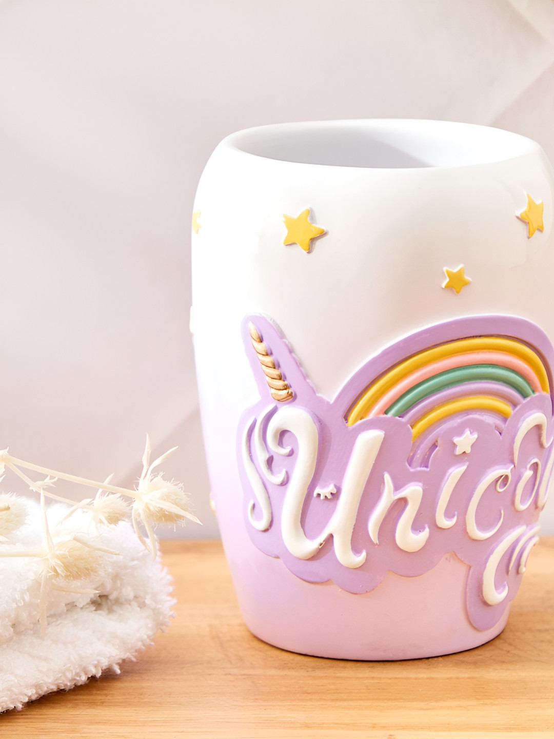 Home Centre White & Purple Unicorn Textured Toothbrush Holder