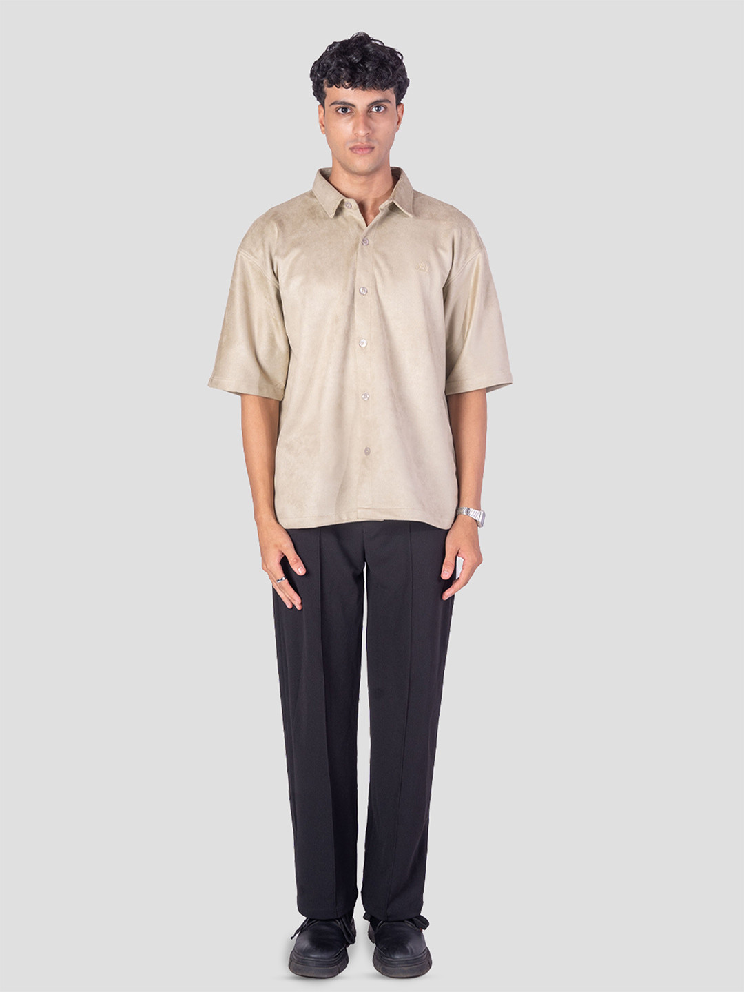 HOP HEAD Unisex Spread Collar Solid Suede Relaxed Fit Casual Shirt