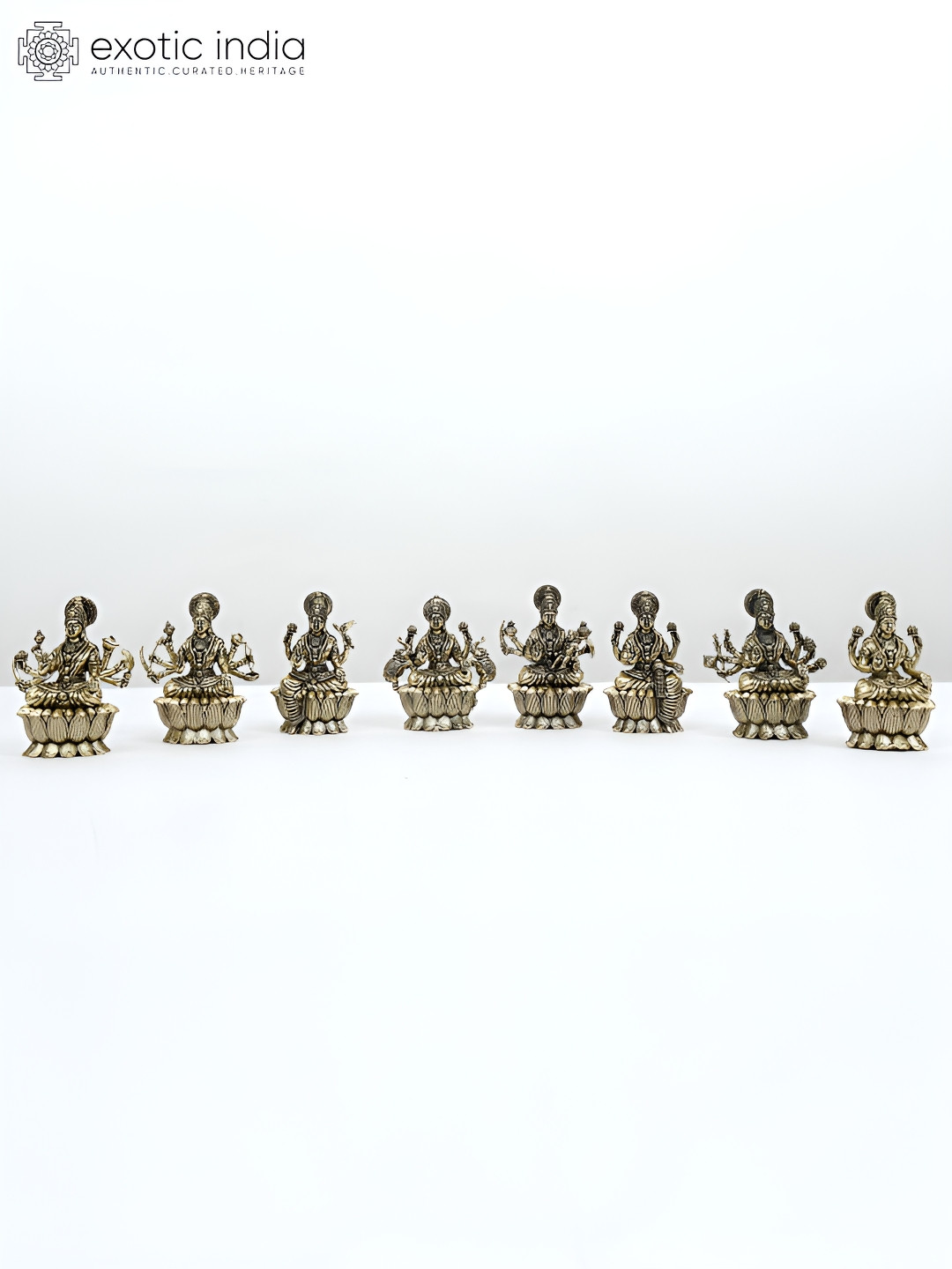 Exotic India Ashtalakshmi Gold Brass Metallic Prayer Room 8 Piece Small Showpieces - 3 Inches
