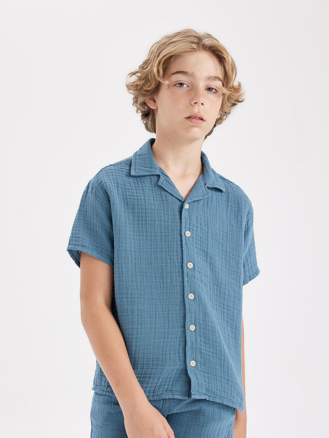 DeFacto Boys Cuban Collar Micro Checked Cotton Casual Shirt