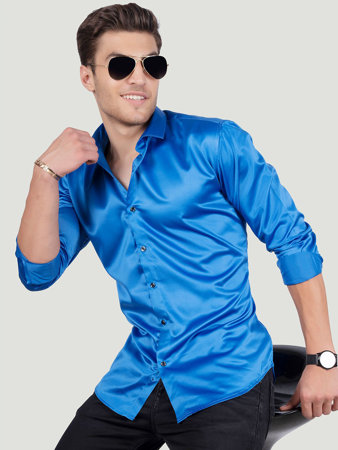 ALMATY Men Comfort Spread Collar Solid Cotton Slim Fit Party Shirt