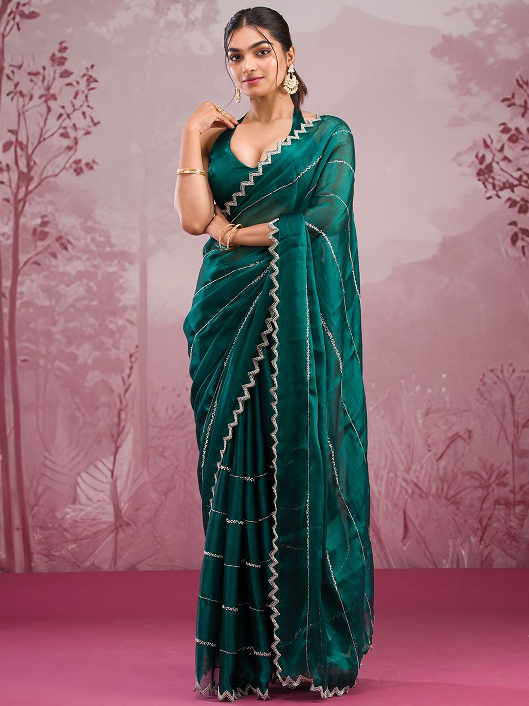 Koskii Striped Beads And Stones Poly Georgette Saree - Sarees for Women 30865229 | Myntra