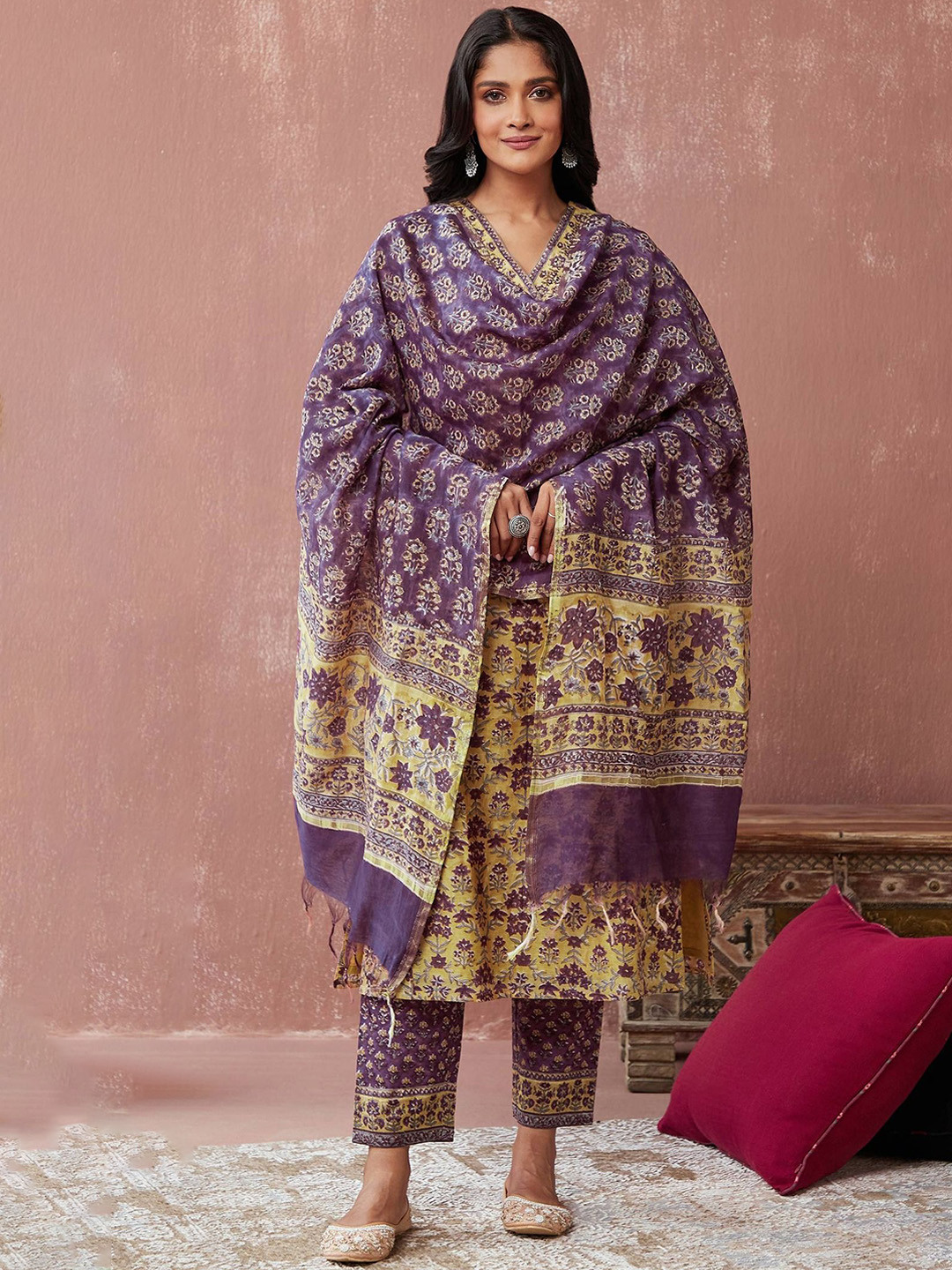 Anni Designer Floral Printed Three-Quarter Sleeves Rayon Kurta & Trousers & Dupatta