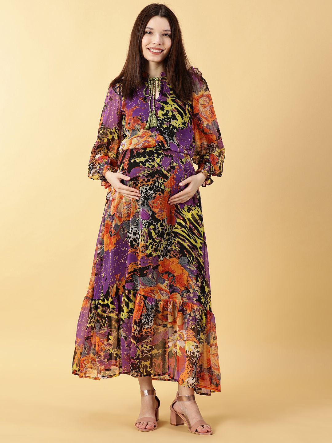 PURPLE FLAUNT Women's Print Tie-Up Neck Georgette Maternity Maxi Dress