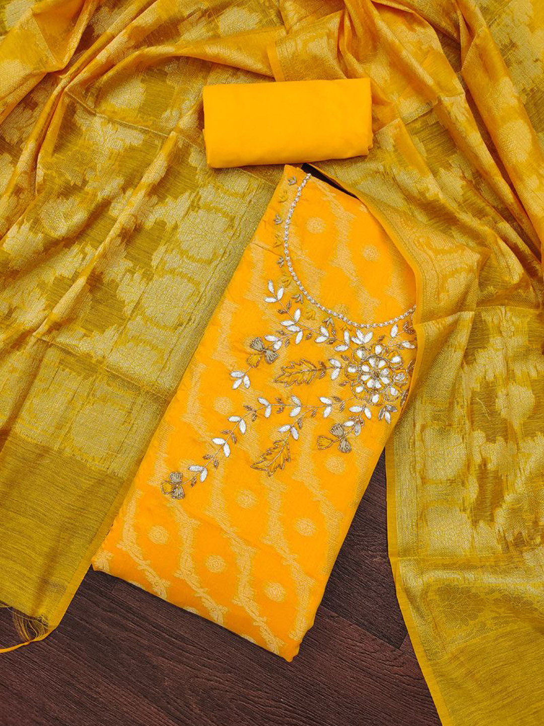 ASISA Floral Woven Design Beaded & Stones Art Silk Unstitched Dress Material