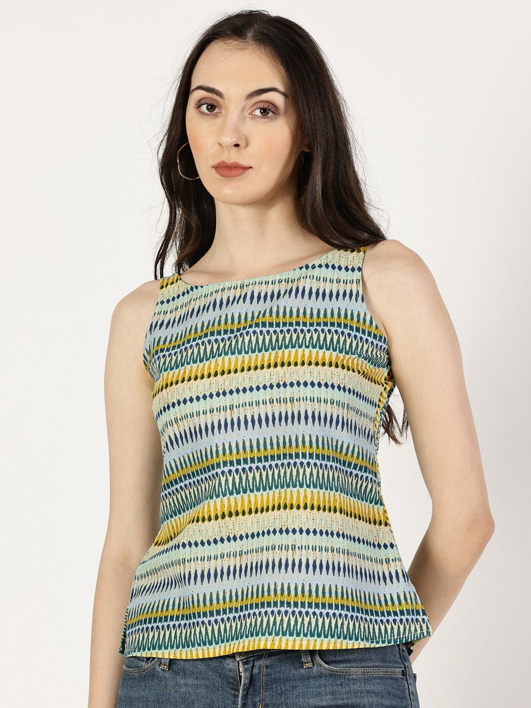 Saffron Threads Women Abstract Printed Boat Neck Cotton Top