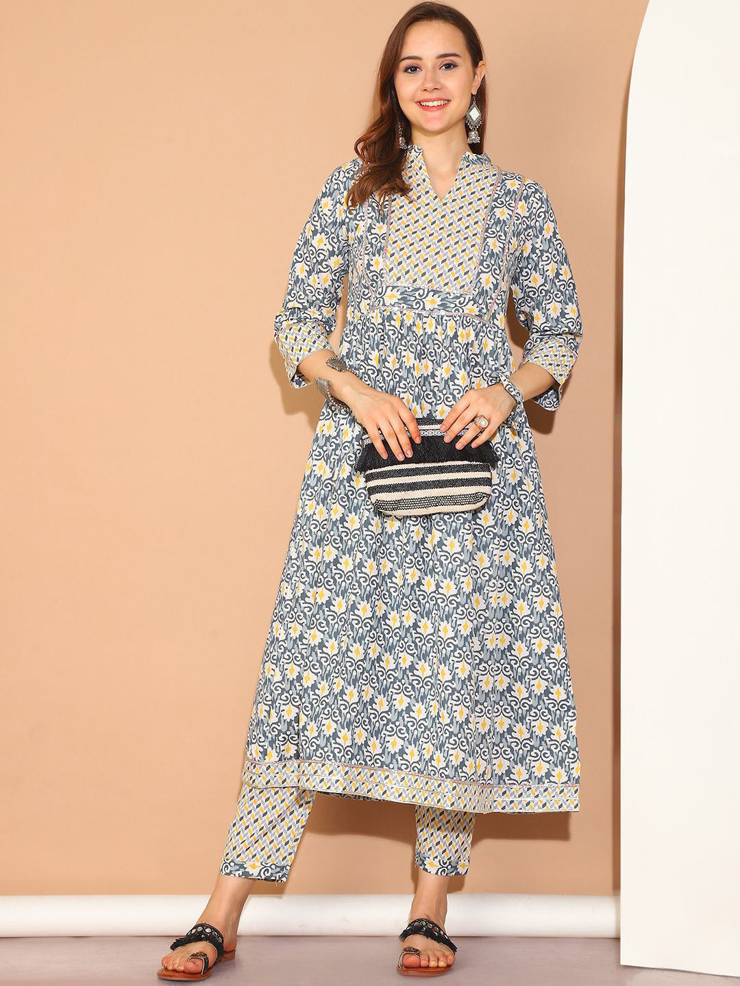 COLOR STUDIO Floral Printed Anarkali Gotta Patti Pure Cotton Kurta with Trousers