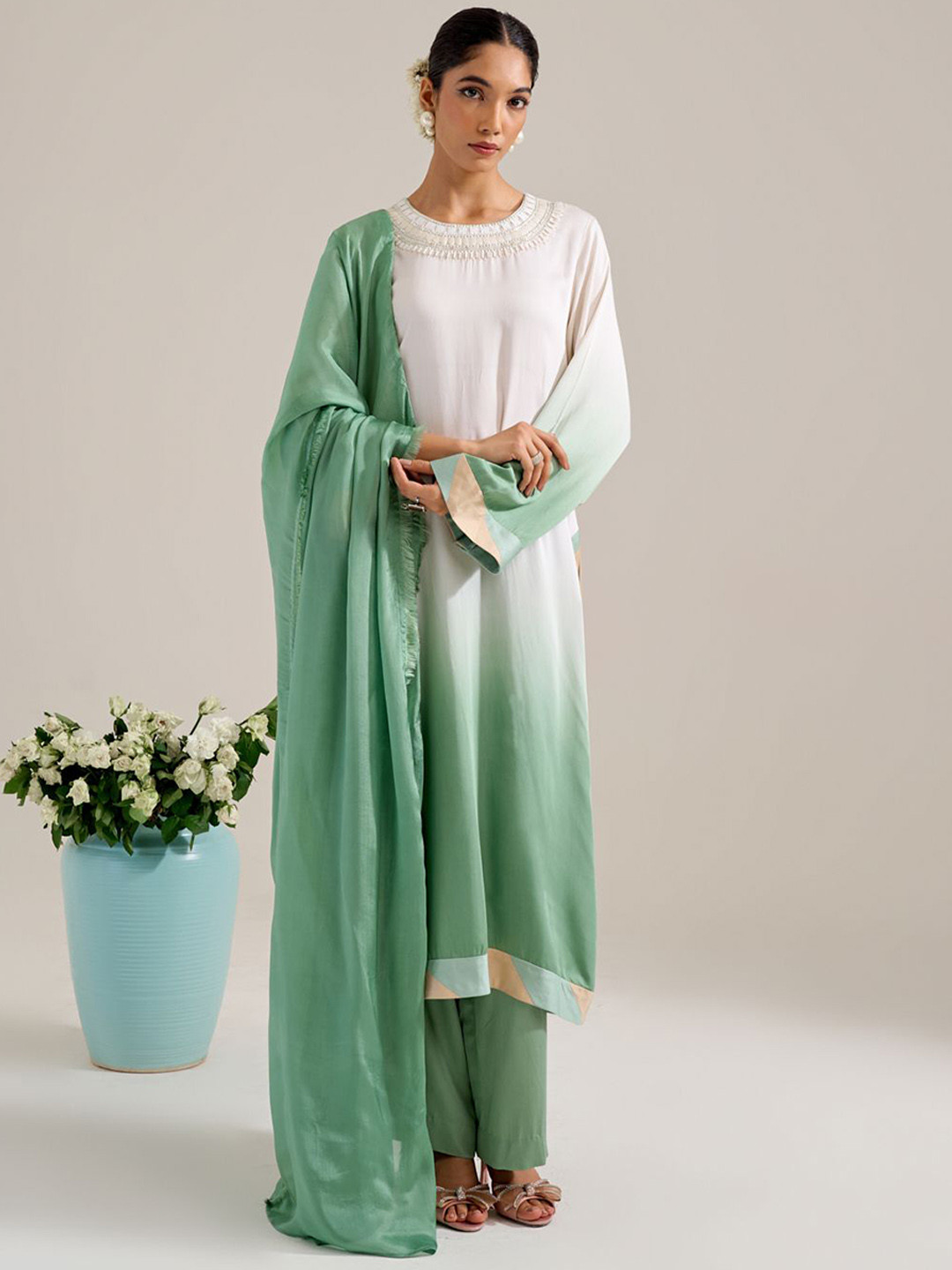 Siyona by Ankurita Ombre Dyed Sequinned Kurta with Trousers & Dupatta