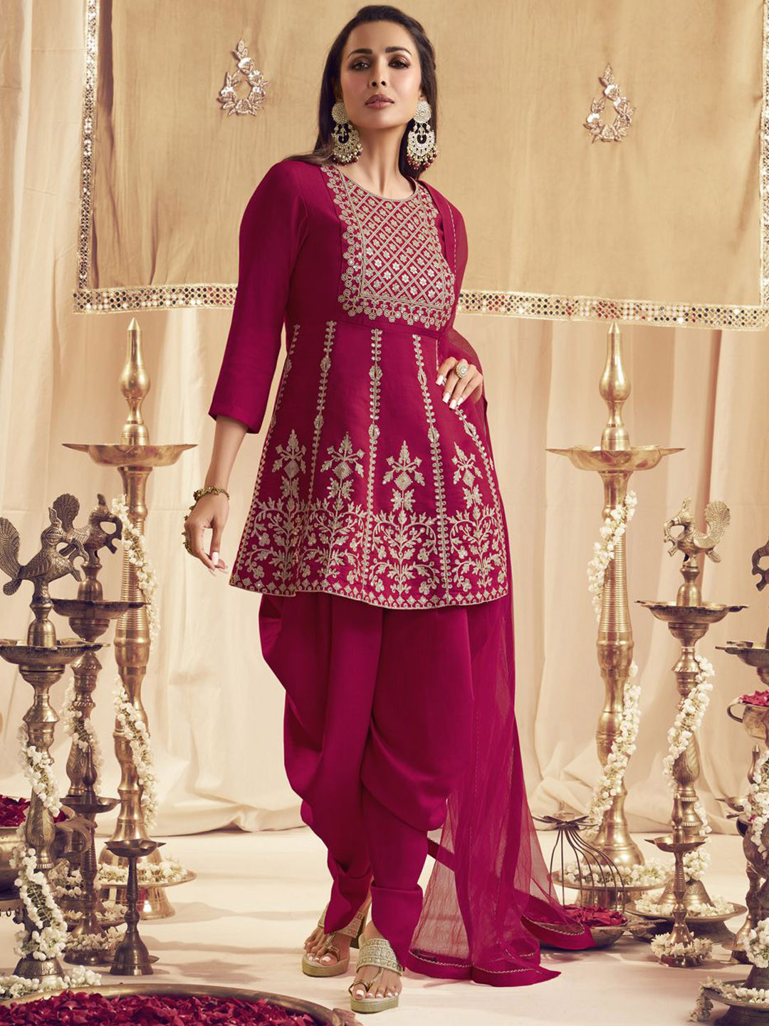 Inddus Pink Floral Yoke Design Thread Work A-Line Kurta with Dhoti Pant & Dupatta