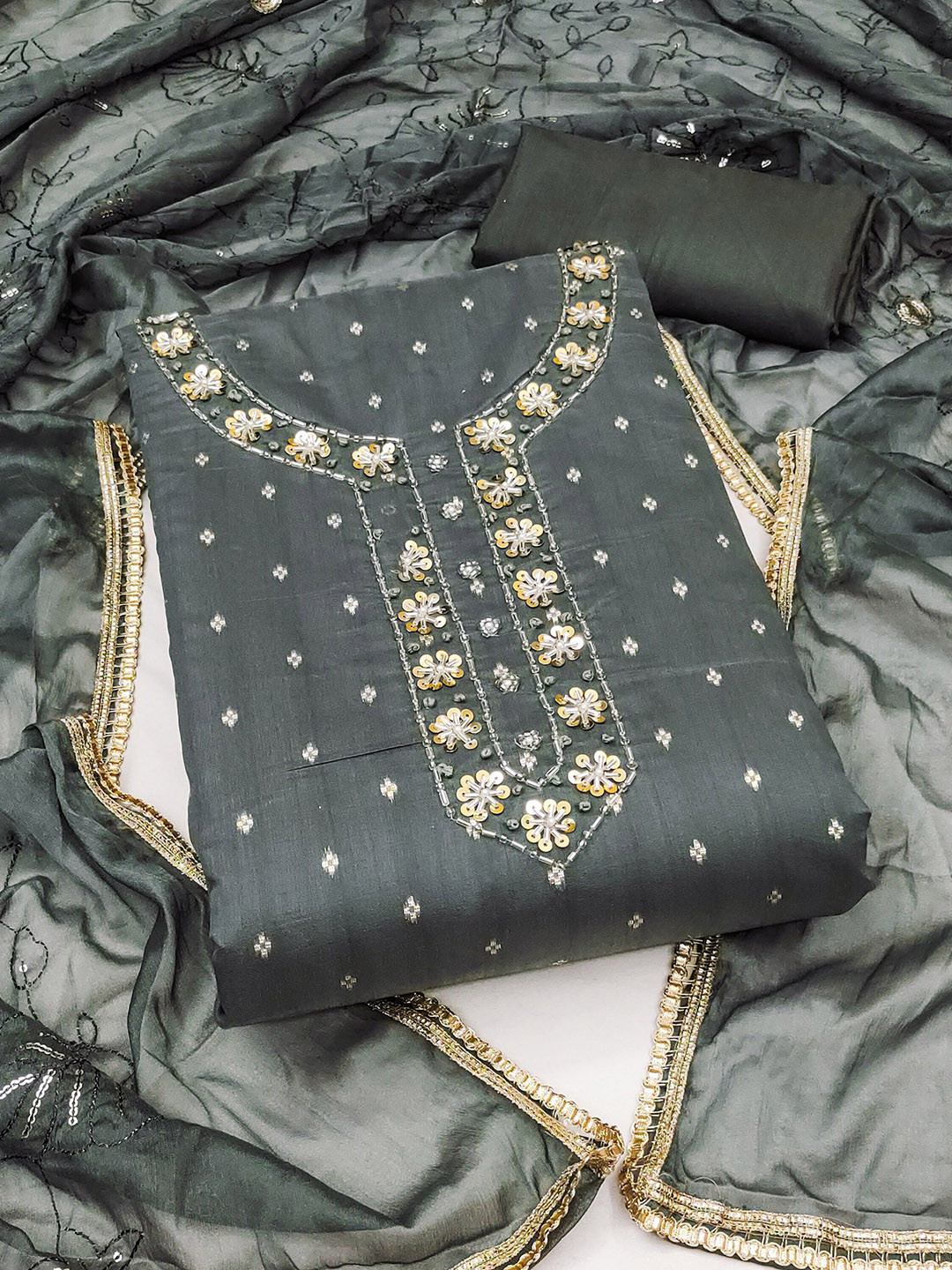 Ishin Black Ethnic Motifs Embroidered Beads and Stones Unstitched Dress Material