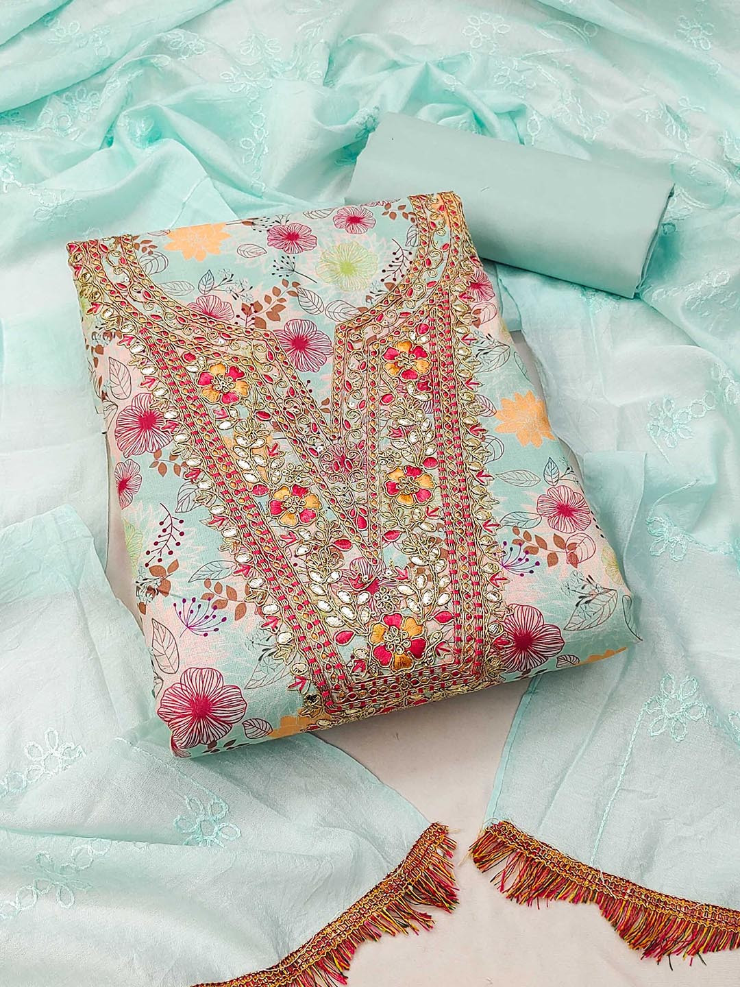 Ishin Blue & Pink Floral Printed Organza Unstitched Dress Material