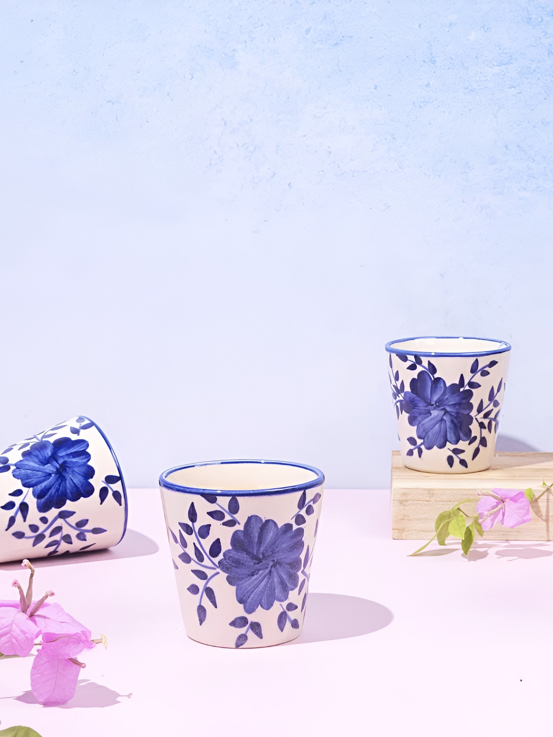 AMALAFIEE CERAMICS Happy Anniversary Wifey Blue Floral Ceramic Microwave Safe 6 Piece Cups-250ml