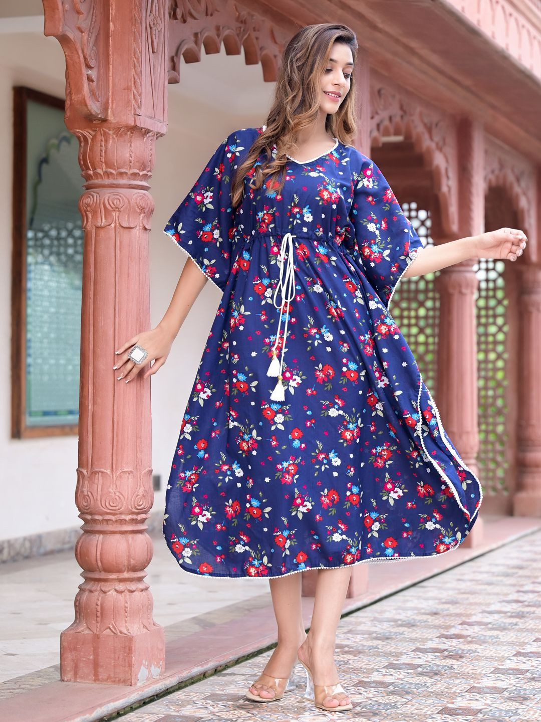 YASH GALLERY Women Floral Print Kimono Sleeve Kaftan Midi Dress