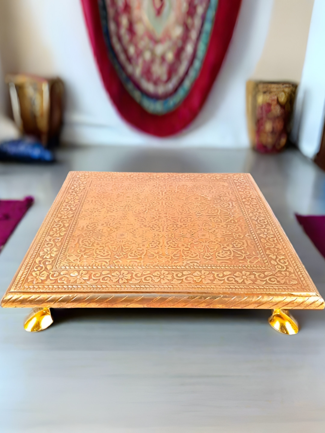 apka mart Gold Toned Wooden Brass Chowki Pooja Essentials