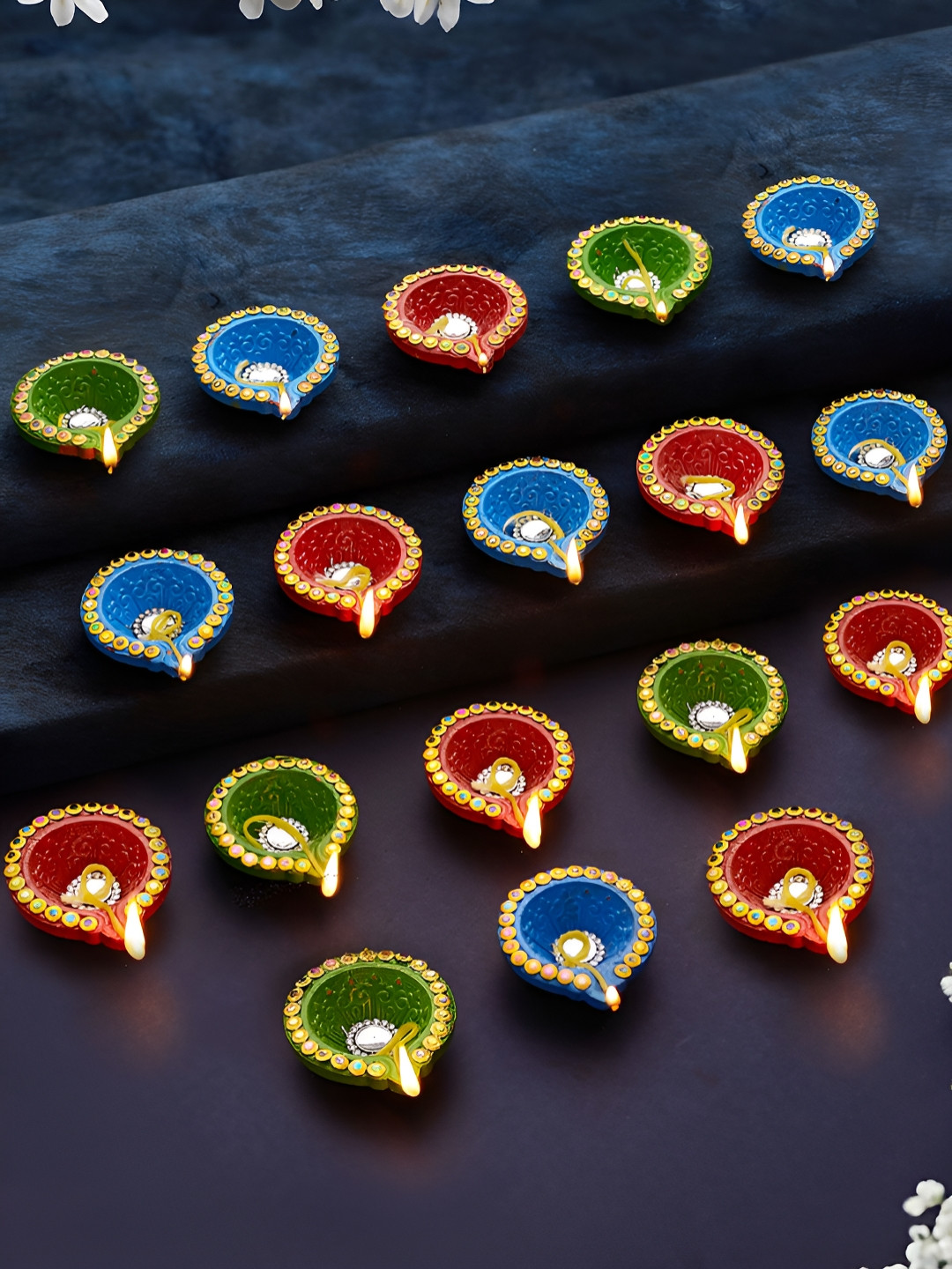 TIED RIBBONS Red & Blue 18 Pieces Terracotta Oil Diyas