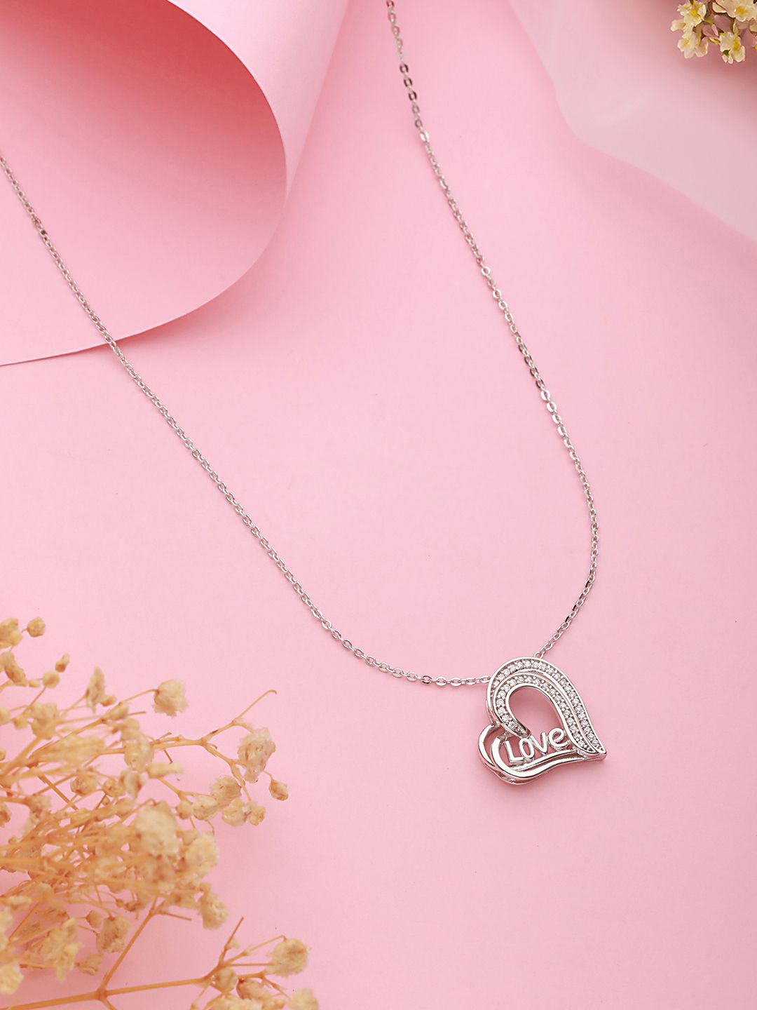 SARAF TRENDZ Silver-Plated American Diamond Studded Heart Shaped Locket Chain Necklace