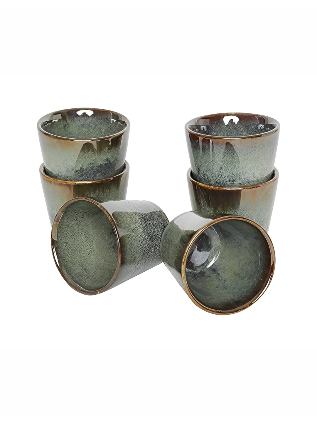 AMALAFIEE CERAMICS Green & Brown 6 Pieces Textured Glossy Ceramic Cups 200 ml