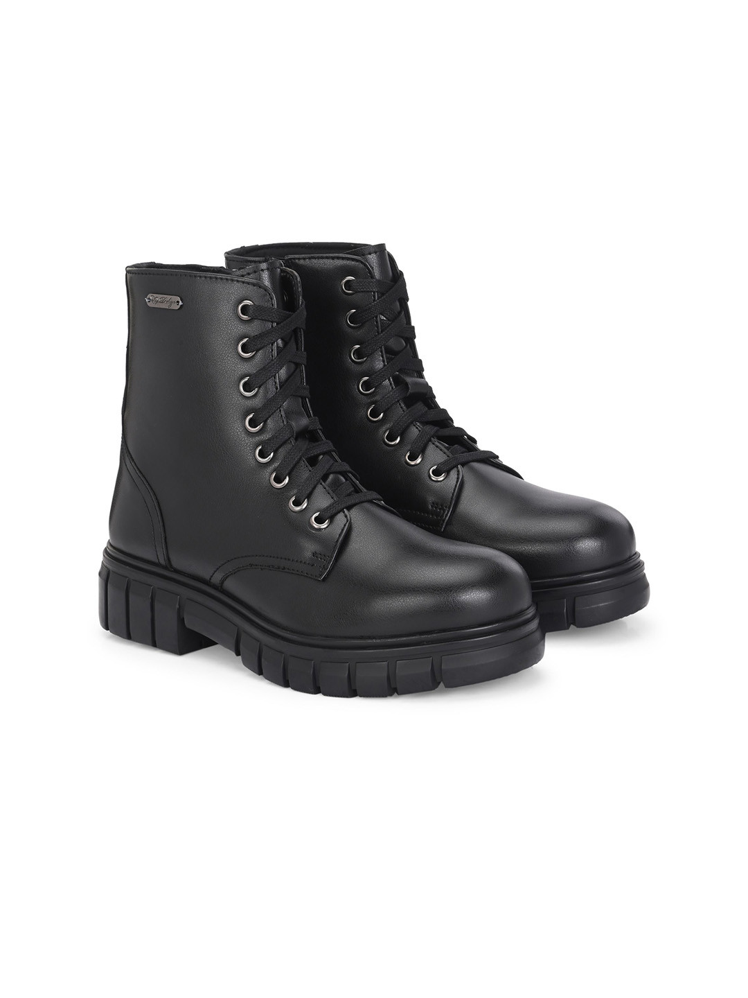 Delize Women Block-Heeled Black Biker ankle derby Boots