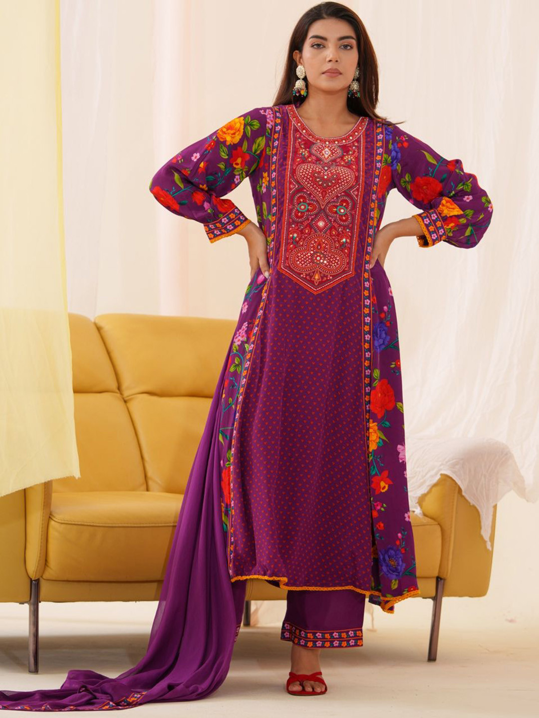Sangria Floral Printed Embroidered Beads & Stones A Line Kurta With Trousers & Dupatta Rs. 1326 - Myntra
