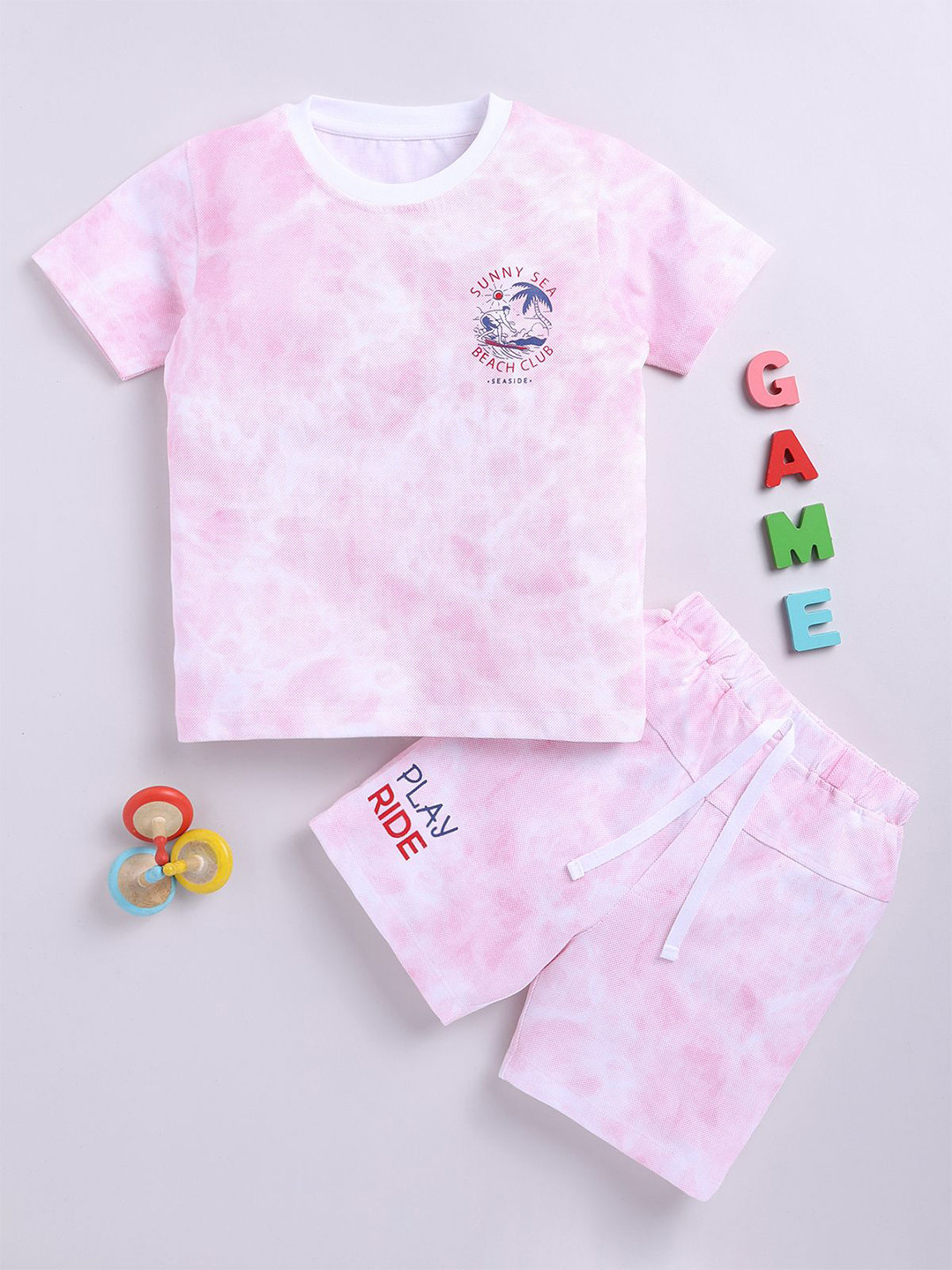 LITTLE NINJA Boys Abstract Printed Round Neck Pure Cotton T-shirt with Shorts