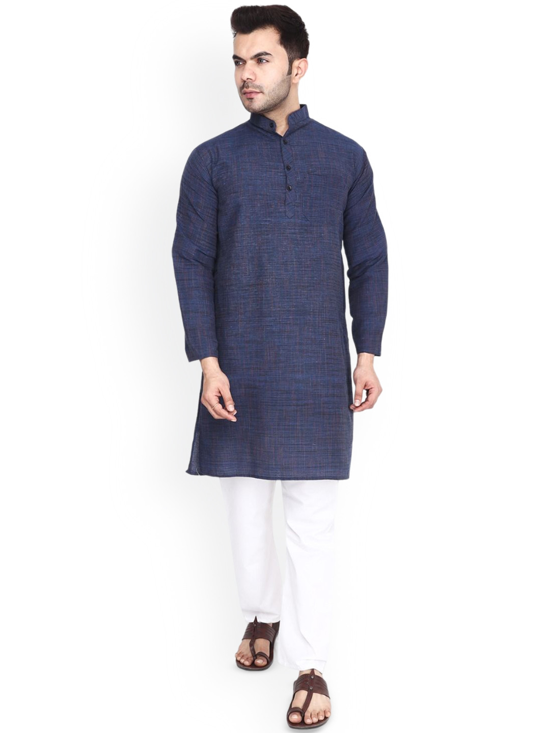 Aaryavar Woven Band Collar Long Sleeves Khadi Straight Kurta