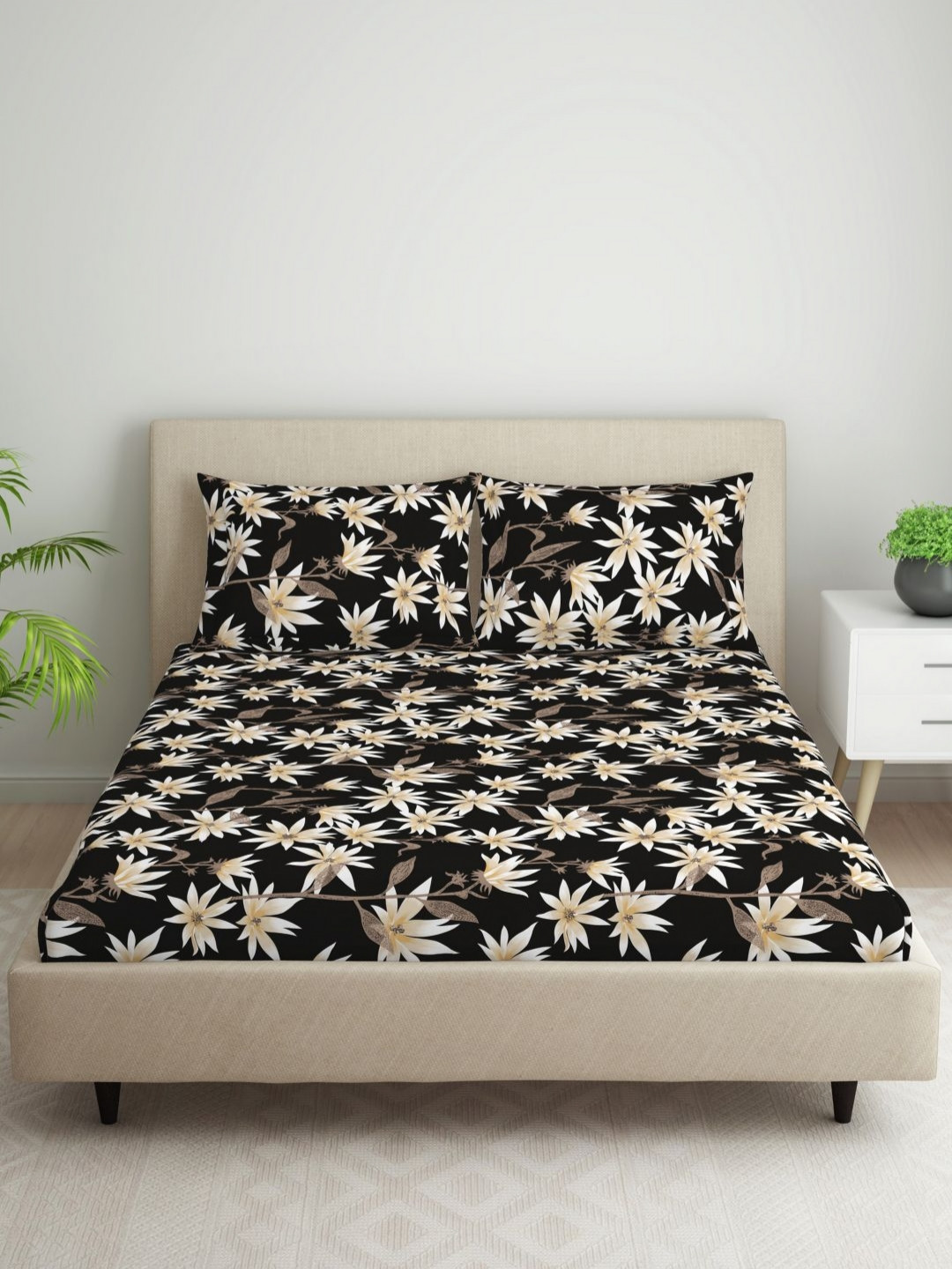 Welspun White & Black Floral 104 TC Microfiber Double Queen Bedsheet with 2 Pillow Covers