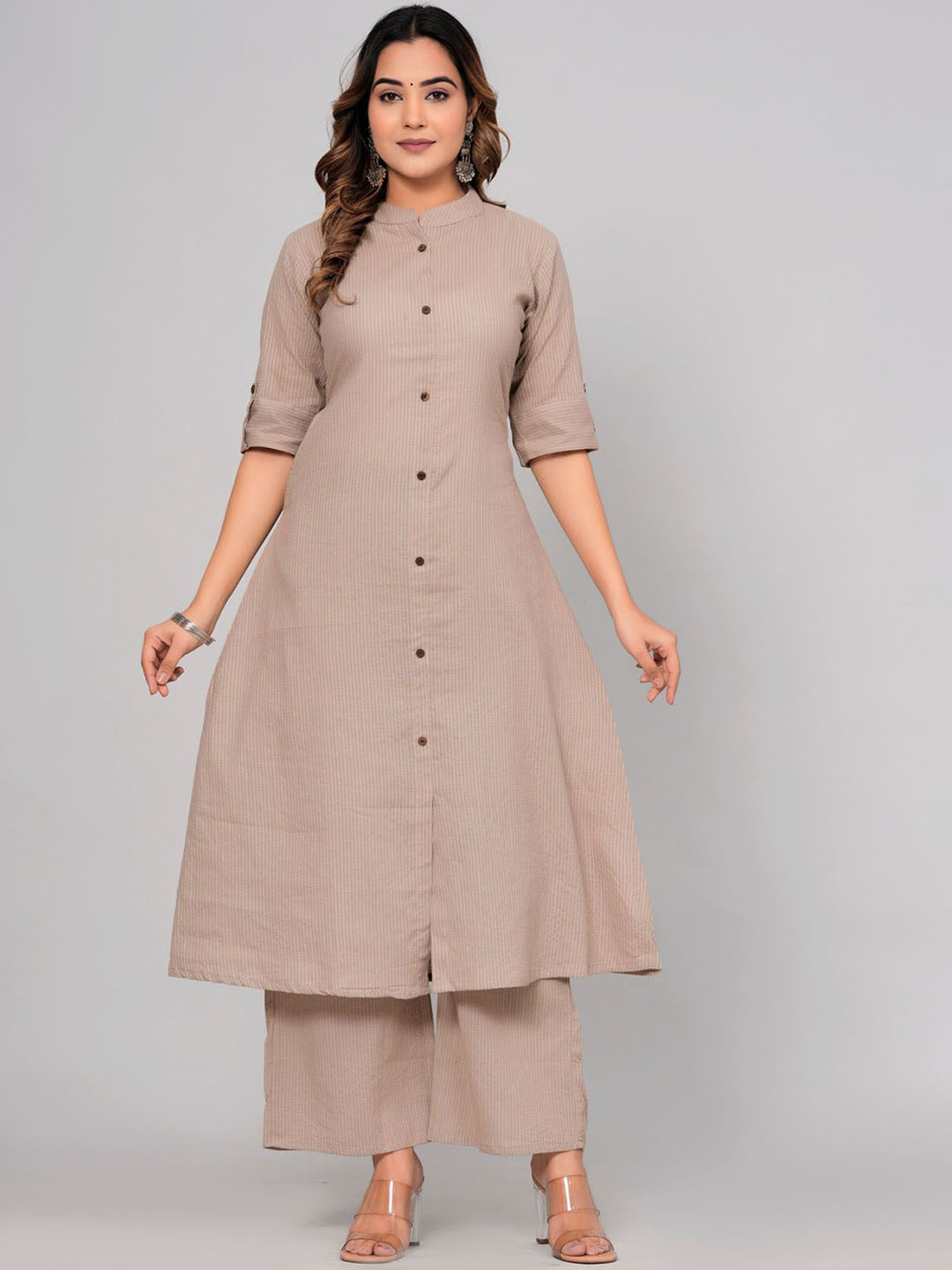 Angvarnika Striped Embroidered Mandarin Collar Kantha Work Pure Cotton Kurta With Palazzos