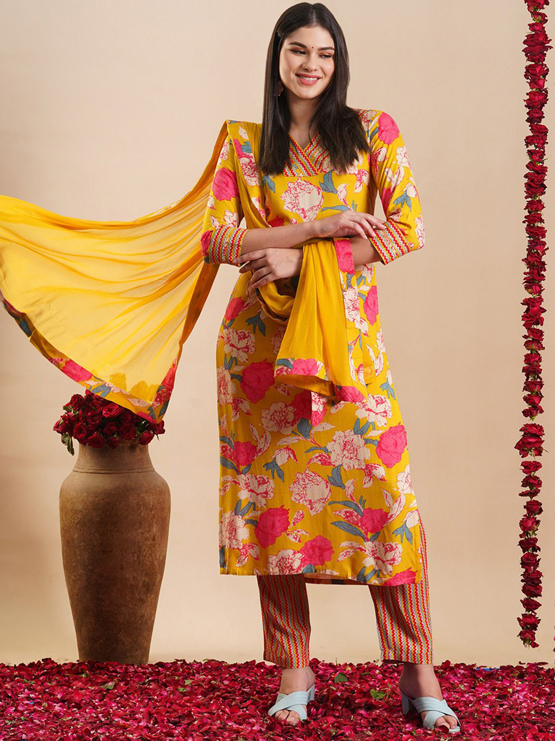 Anni Designer Floral And Chevron Printed Regular Rayon Straight Kurta & Trousers & Dupatta