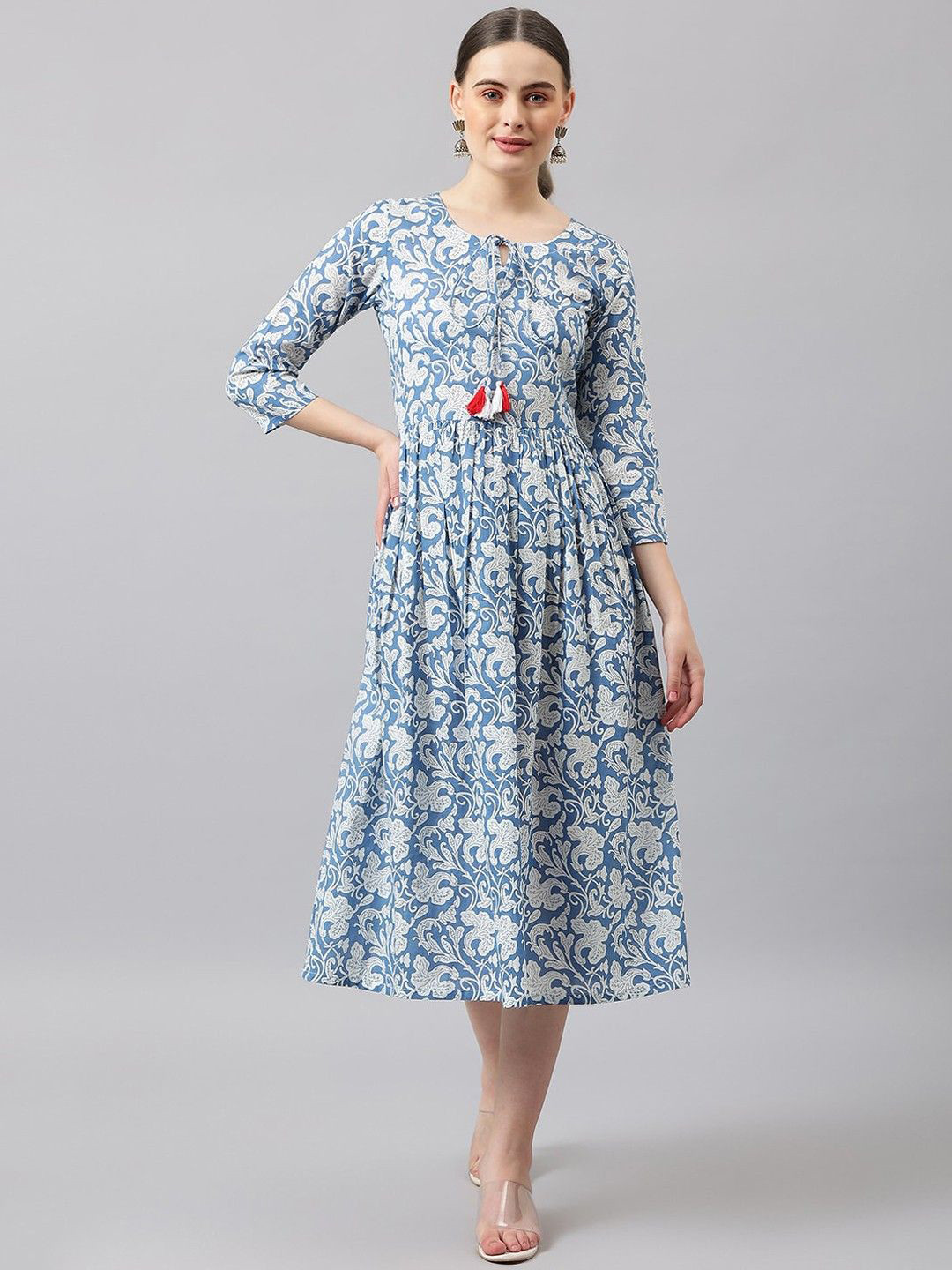 GoSriKi Floral Printed Keyhol Neck Fit & Flare Dress