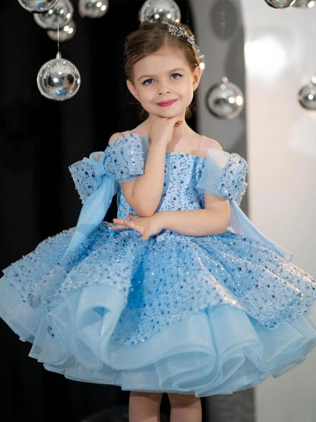 First Little Smile Girls Embroidered Off Shoulder Balloon Knee Length Dress